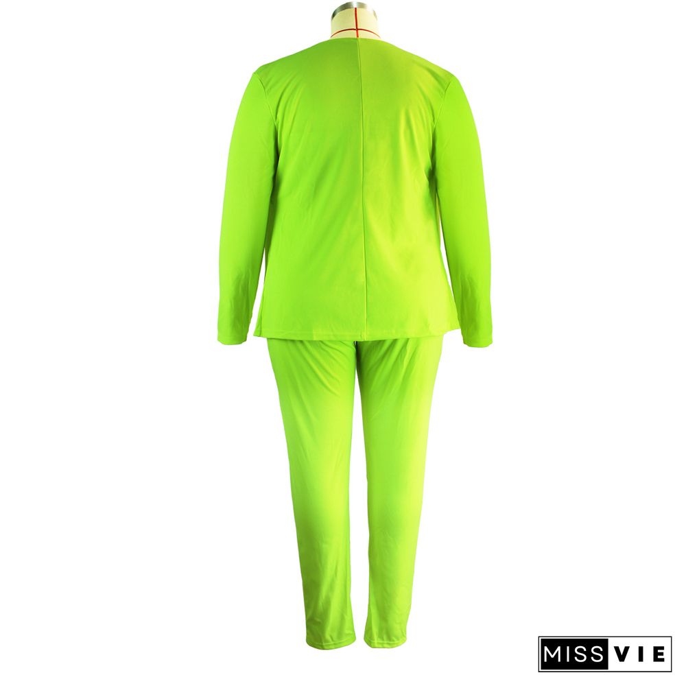 Fluorescent Green Jacket Pencil Pants Plus Size Sets