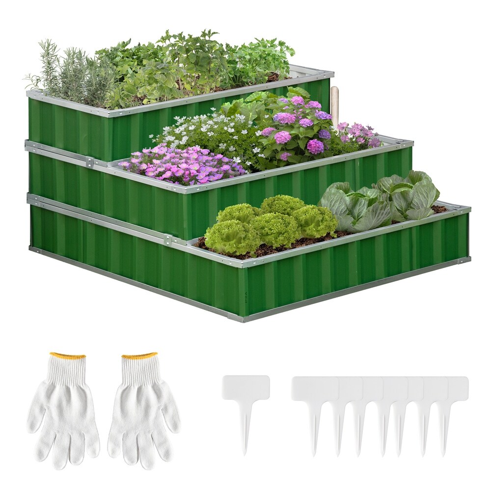 Outsunny 3 Tier Metal Raised Garden Bed  Elevated Outdoor Planter Box Kit for Vegetables  Herbs  and Flowers