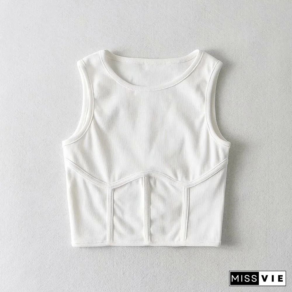 Summer Women's Streetwear Corset Crop Top Elastic Cotton Sleeveless O-Neck Solid Sexy Tank Top 6 Colors