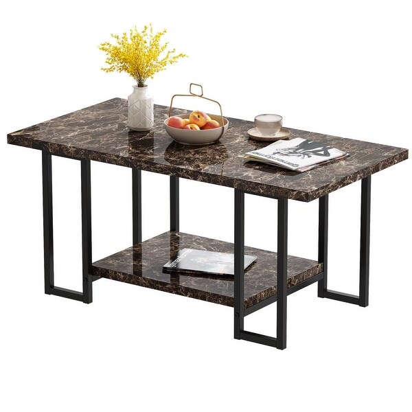 2 -Tier Rectangle Coffee Table， Black Base and Faux Marble Table top for Living Room， Double Metal Leg Design