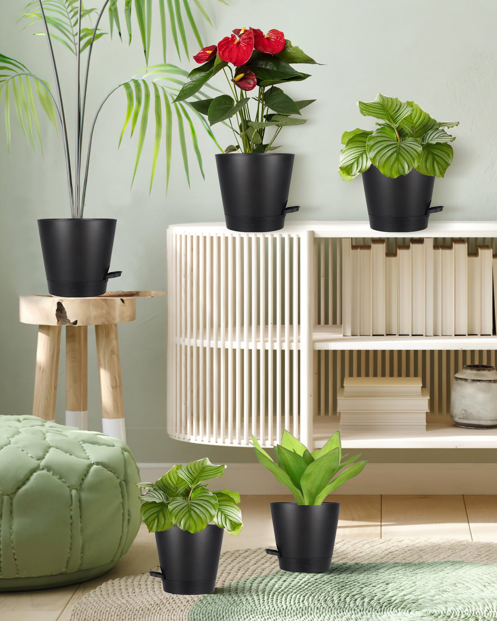 8 Inch Self Watering Plastic Planters Set of 6, Black Plant Pots for Indoor Outdoor with Drainage Holes for Snake Plant, African Violet, Aloe, and Most House Plants