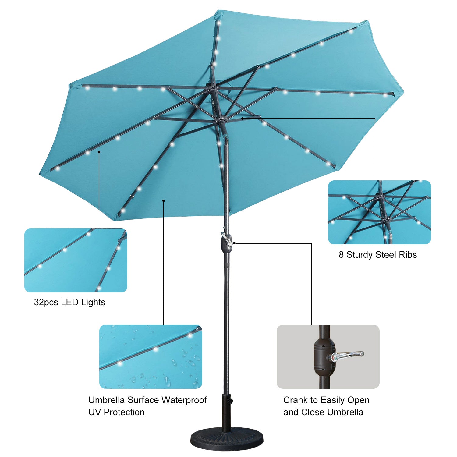 9Ft LED Lights Outdoor Solar Patio Umbrella for Deck, Pool W/ Tilt & Crank, 8 Ribs, Lake Blue