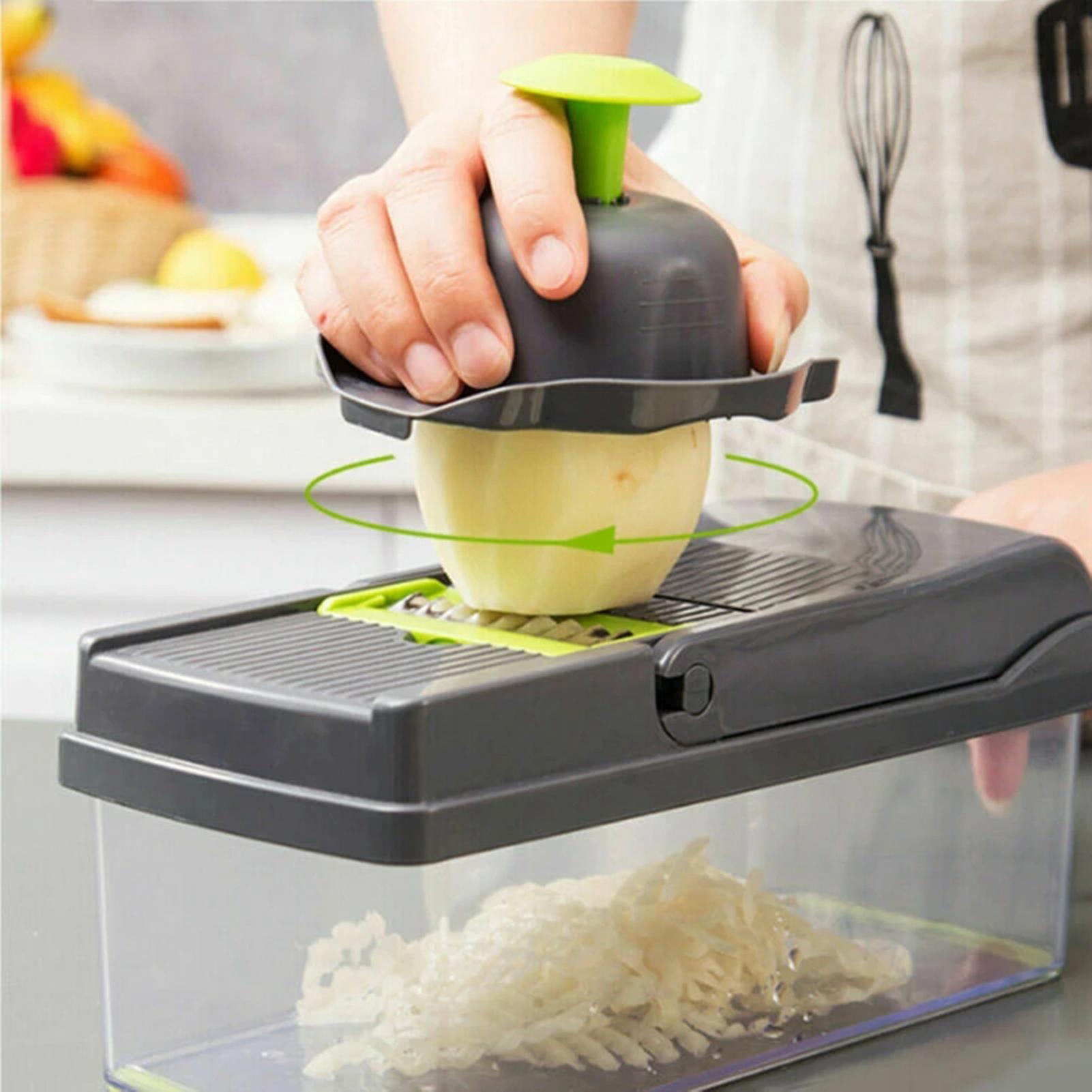 Grey and Green 7-in-1 Multi-functional Kitchen Tool Vegetable Cutter With 8 Blades Potato Slicer Carrot Cheese Grater Apple Peeler Garlic Crusher Hand-h