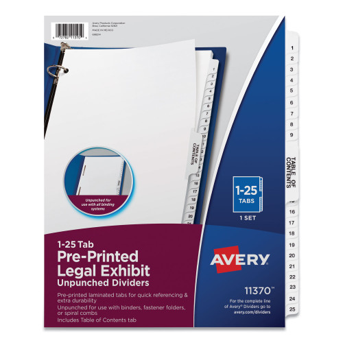 Preprinted Legal Exhibit Side Tab Index Dividers， Avery Style， 25-Tab， 1 to 25， 11 x 8.5， White， 1 Set (11370)