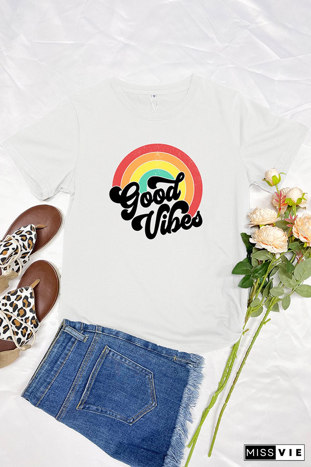 Good Vibes Vintage Rainbow Short Sleeve Graphic Tee Wholesale