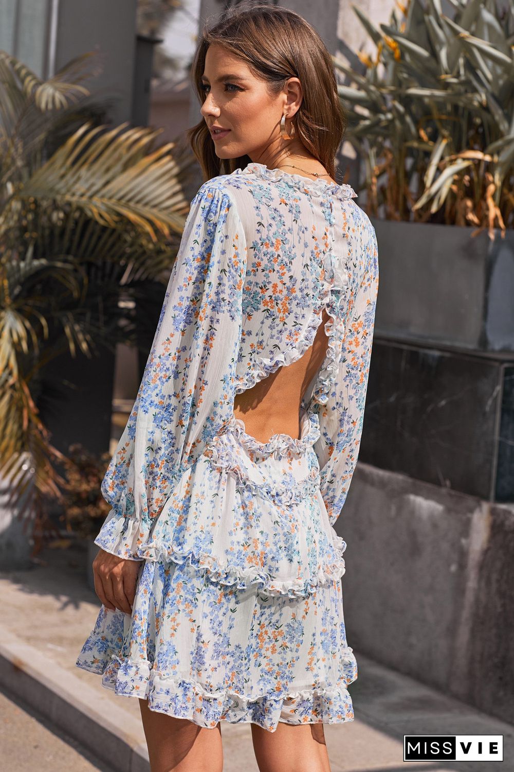 Ruffle Detailing Open Back Floral Dress