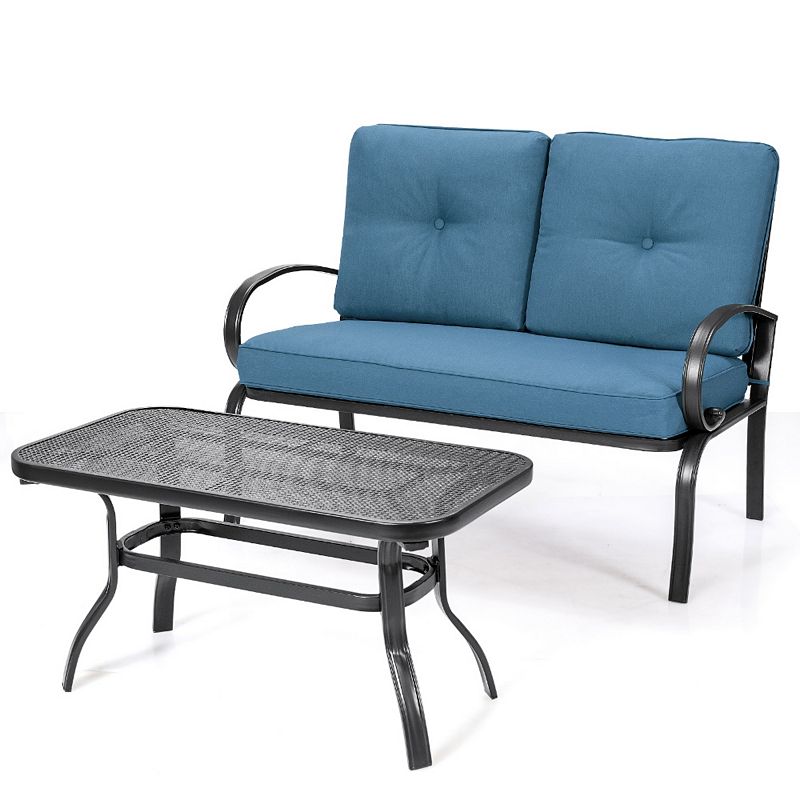 2 Pieces Patio Outdoor Cushioned Coffee Table Seat