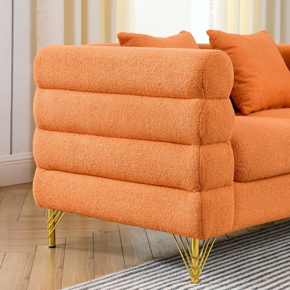 Stacked Sectional Sofa Sets Teddy Fabric Loveseat Sofa Curved Side Settee Sets with Lumbar Pillows for Living Room  Orange