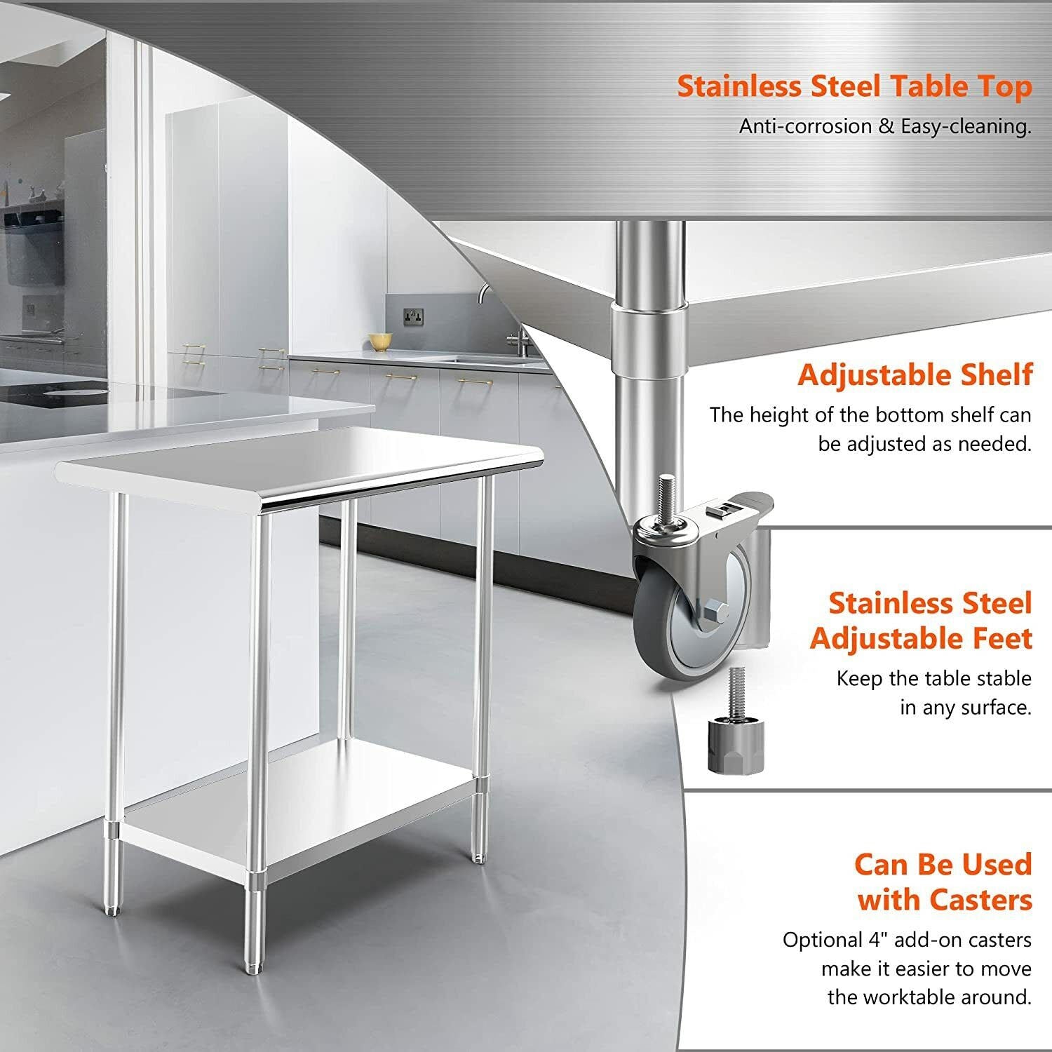 bimiti 36 x 24 x 34 inch NSF Commercial Stainless Steel Work Table for Prep and Work with Adjustable Undershelf Heavy Duty Food Prep Table for Home Restaurant Kitchen Laundry Room