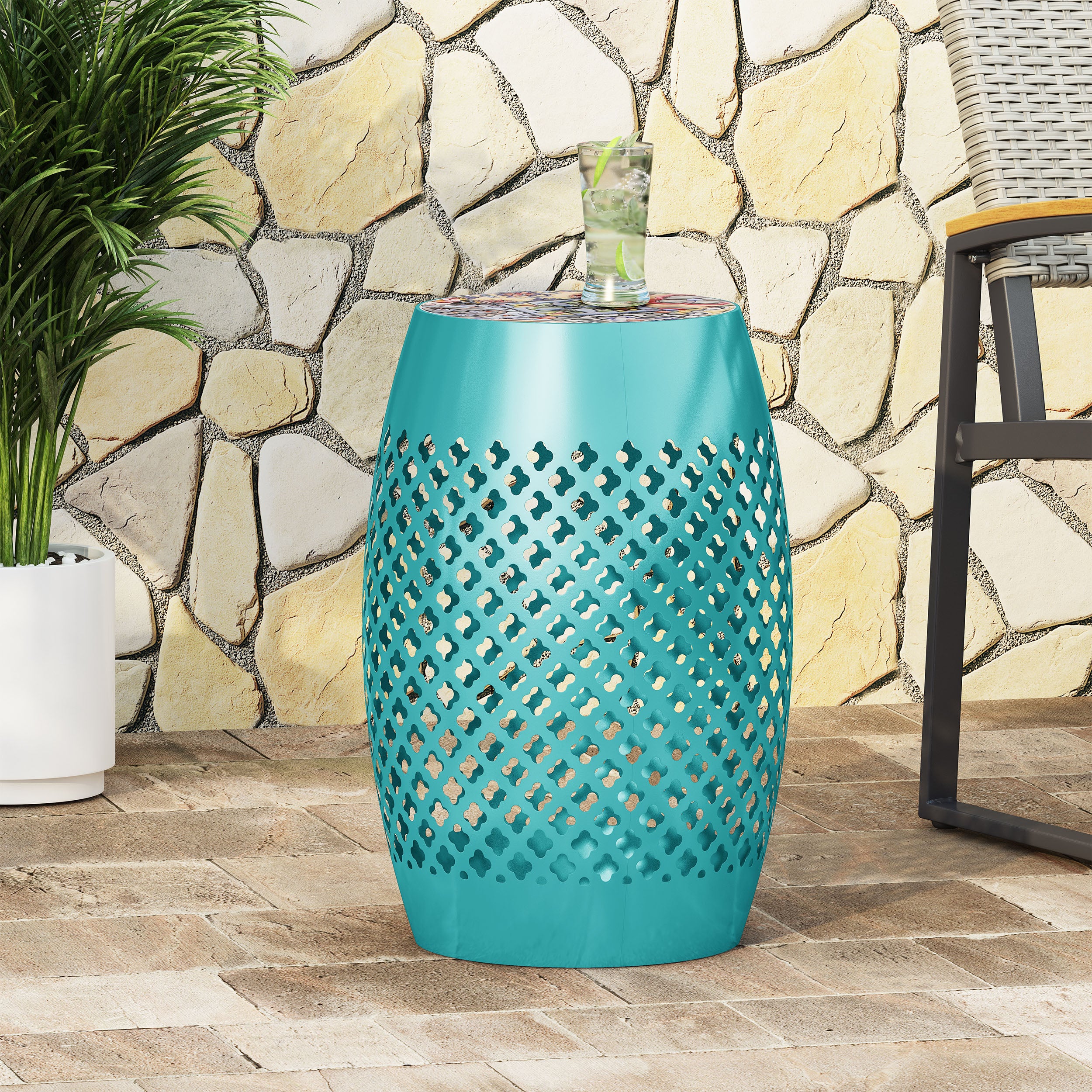 Kalyse Outdoor Lace Cut Side Table with Tile Top