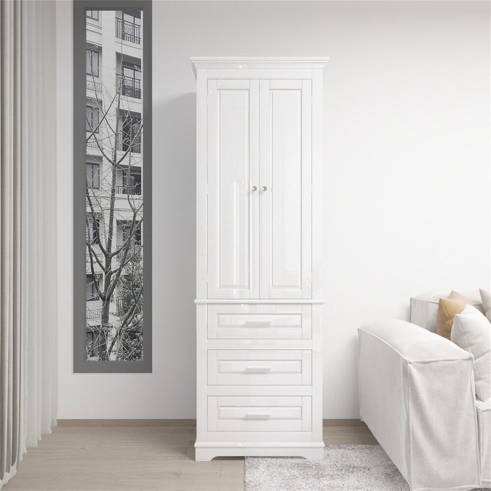 White Tall Storage Cabinet with Three Drawers for Bathroom/Office