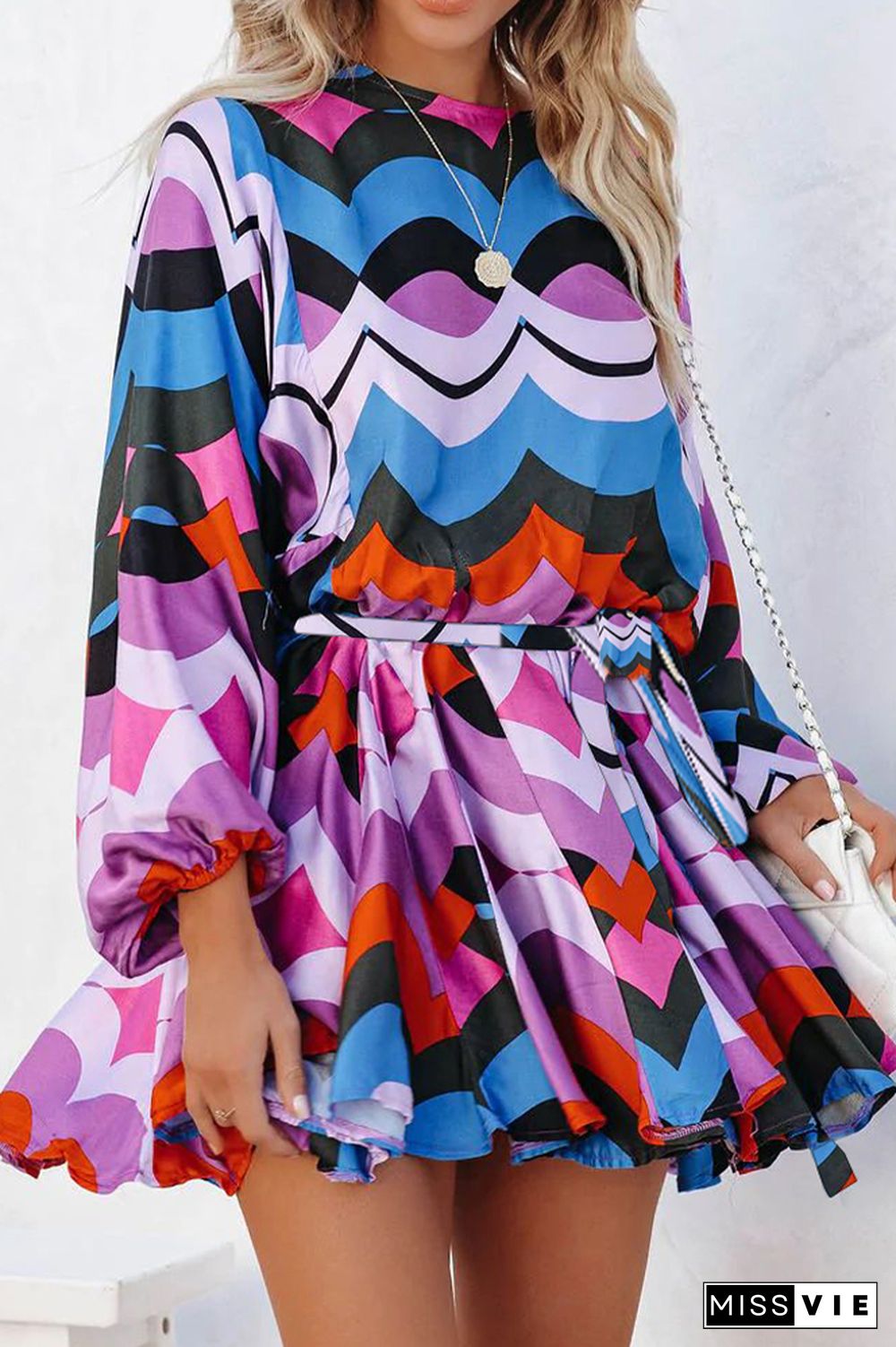 Multicolor Geometric Print Lantern Sleeves Mini Dress