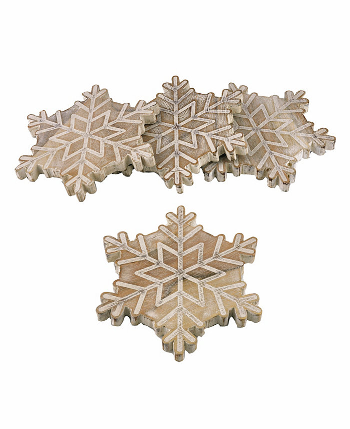 Godinger Richly Grained Snowflake Coasters in Acacia Wood with a Washed Finish Set 4 Piece