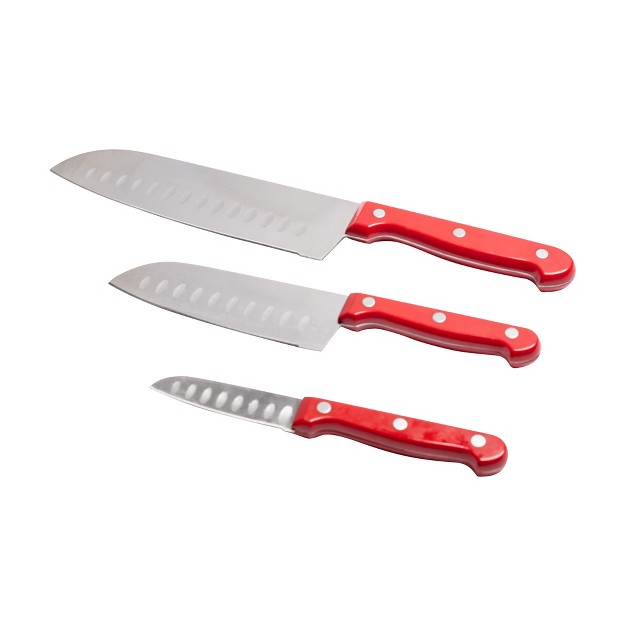 Lexi Home 3 piece Cutlery Santoku Knife Set With Red Handles