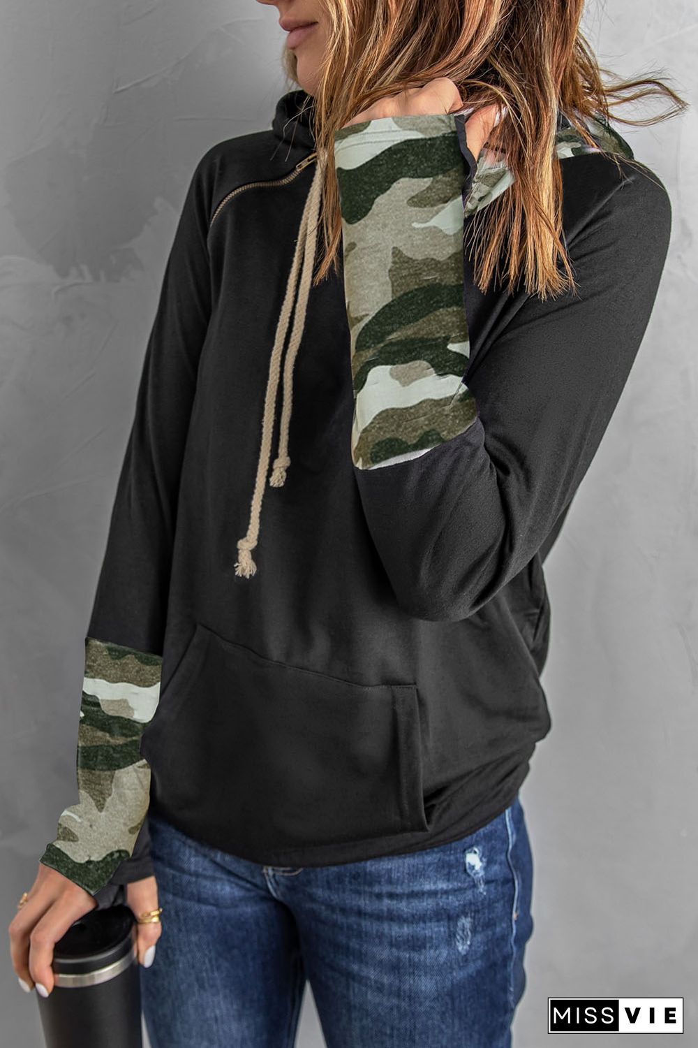 Camo Print Double Hoods Thumb Hole Hoodie