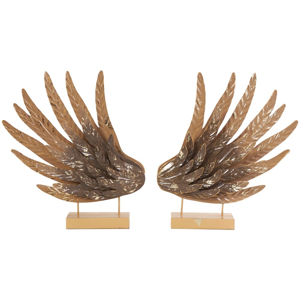 Gold Metal Wing Bird Sculpture with Gold Foil Accents and Stands (Set of 2)