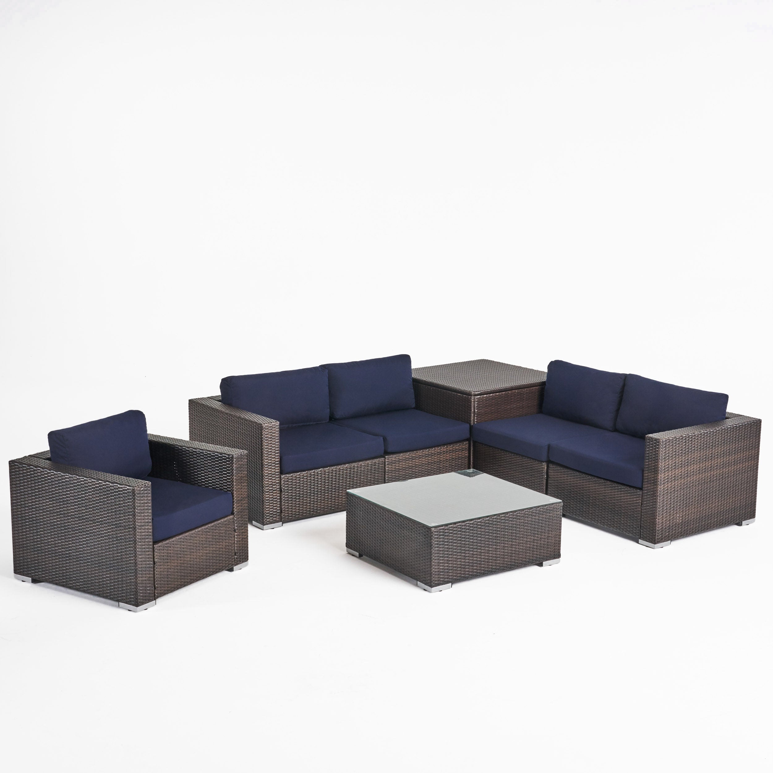 Kyra Outdoor 5 Seater Wicker Sectional Sofa Set with Storage Ottoman and Sunbrella Cushions