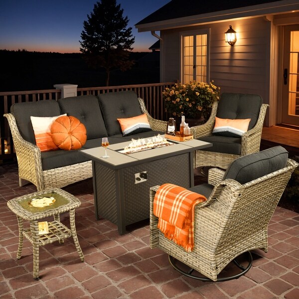 XIZZI Outdoor Rattan Wicker Patio Furniture Conversation Set with Fire Pit Table