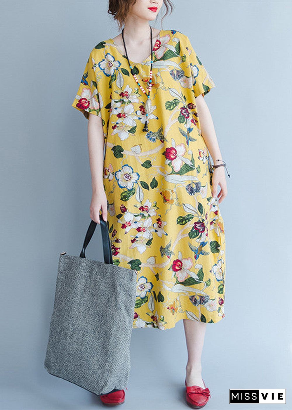 women yellow Midi linen dresses trendy plus size traveling clothing vintage back open floral cotton dresses