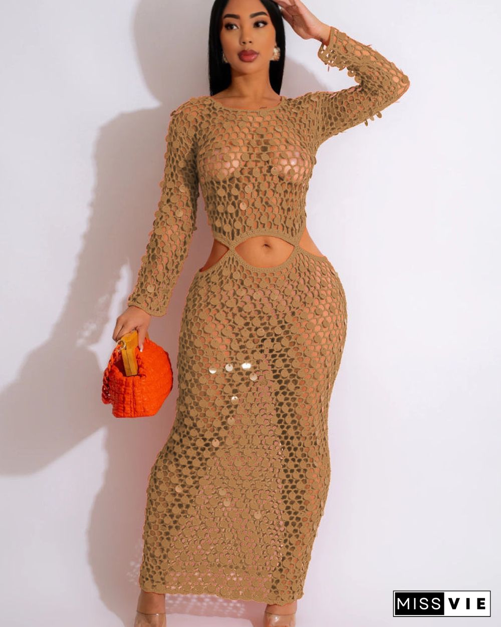 NET AND SEQUINS MAXI DRESS