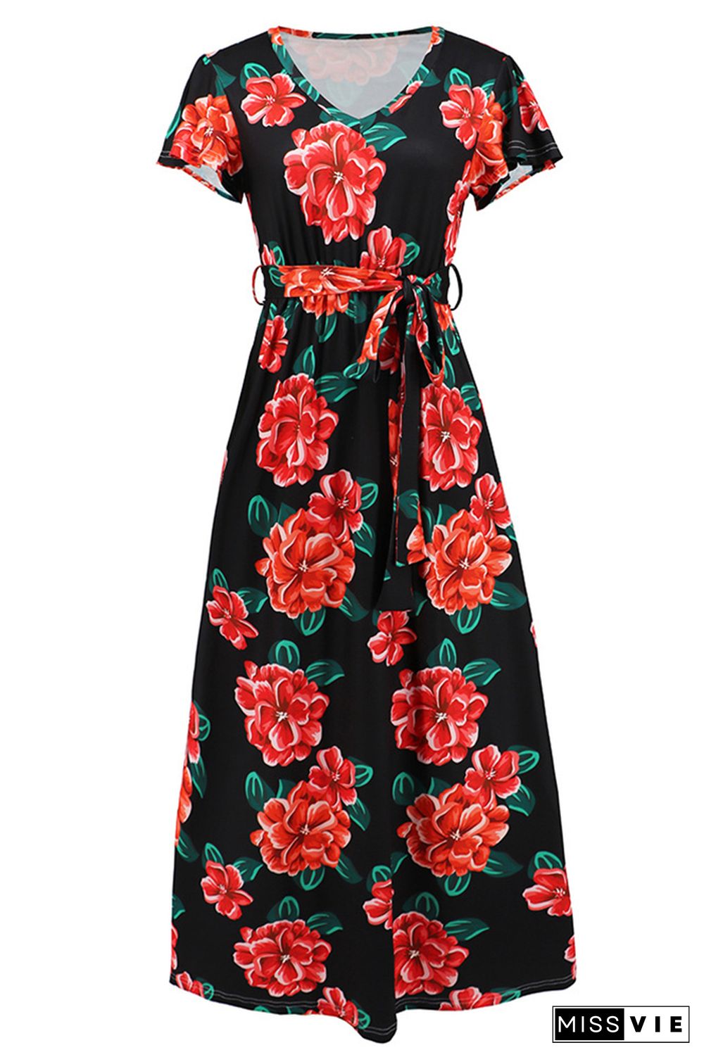 V Neck Short Sleeves Floral Maxi Dress