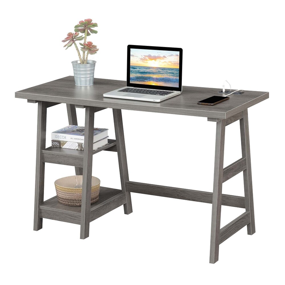 Convenience Concepts Designs2Go Trestle Desk with Charging Station and Shelves