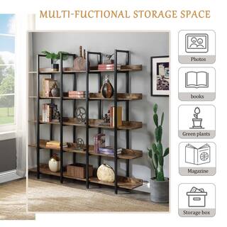 Tatahance Industrial Style 70.9 in. Wide Brown Finish 5 Shelf Open Bookcase with Black Metal Frame WF286176AAT-Z