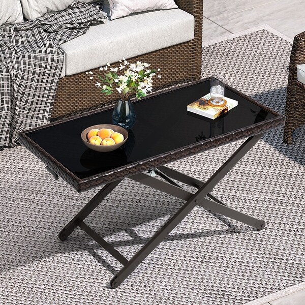 Pellebant Outdoor Coffee Table Adjustable Height Tempered Glass Tabletop