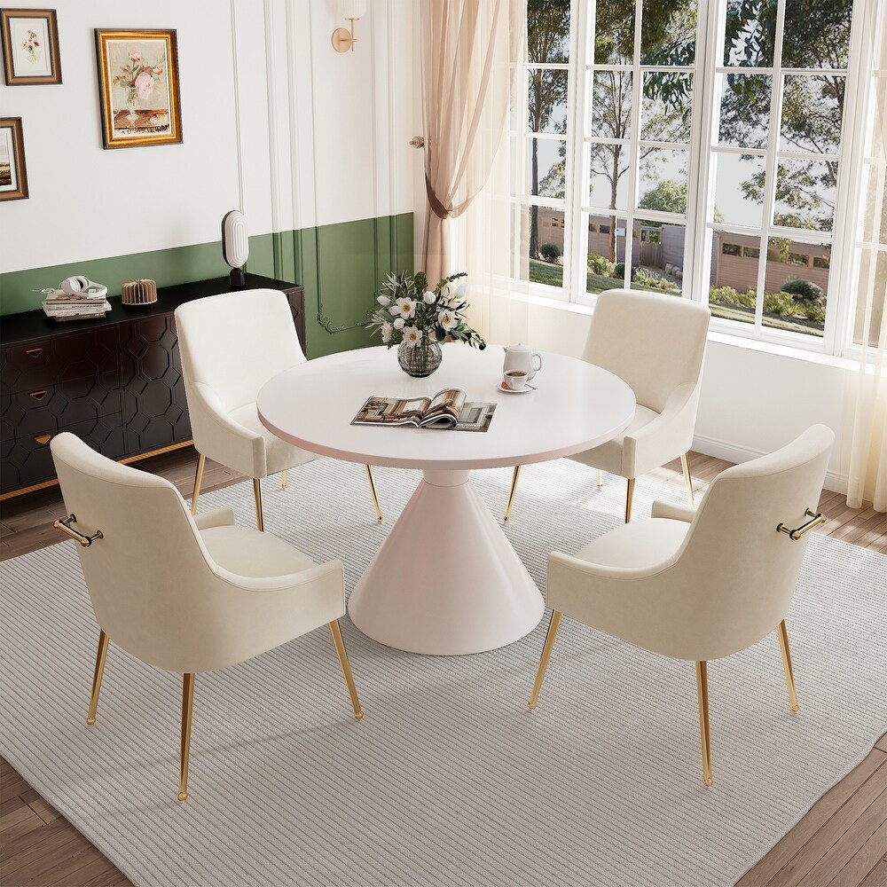 Clihome 5 Piece High Gloss White Table with Velvet Chair Dining Set