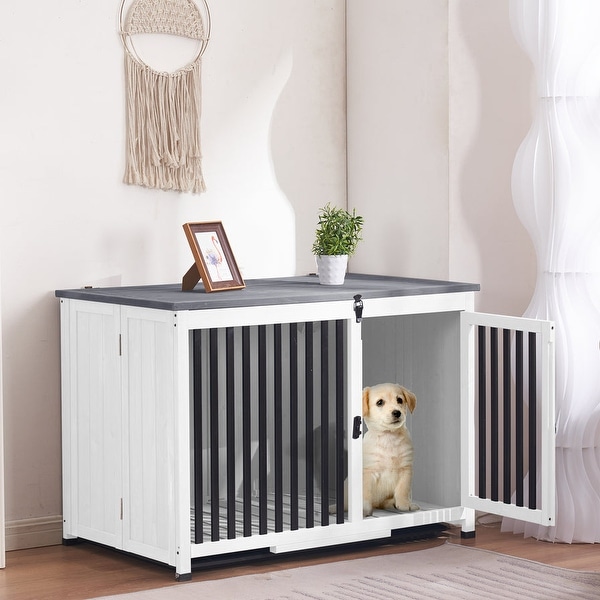 Mcombo Wooden Dog Crate Furniture End Table with Door， No Assembly Portable Foldable Dog Kennel Indoor with Removable Tray