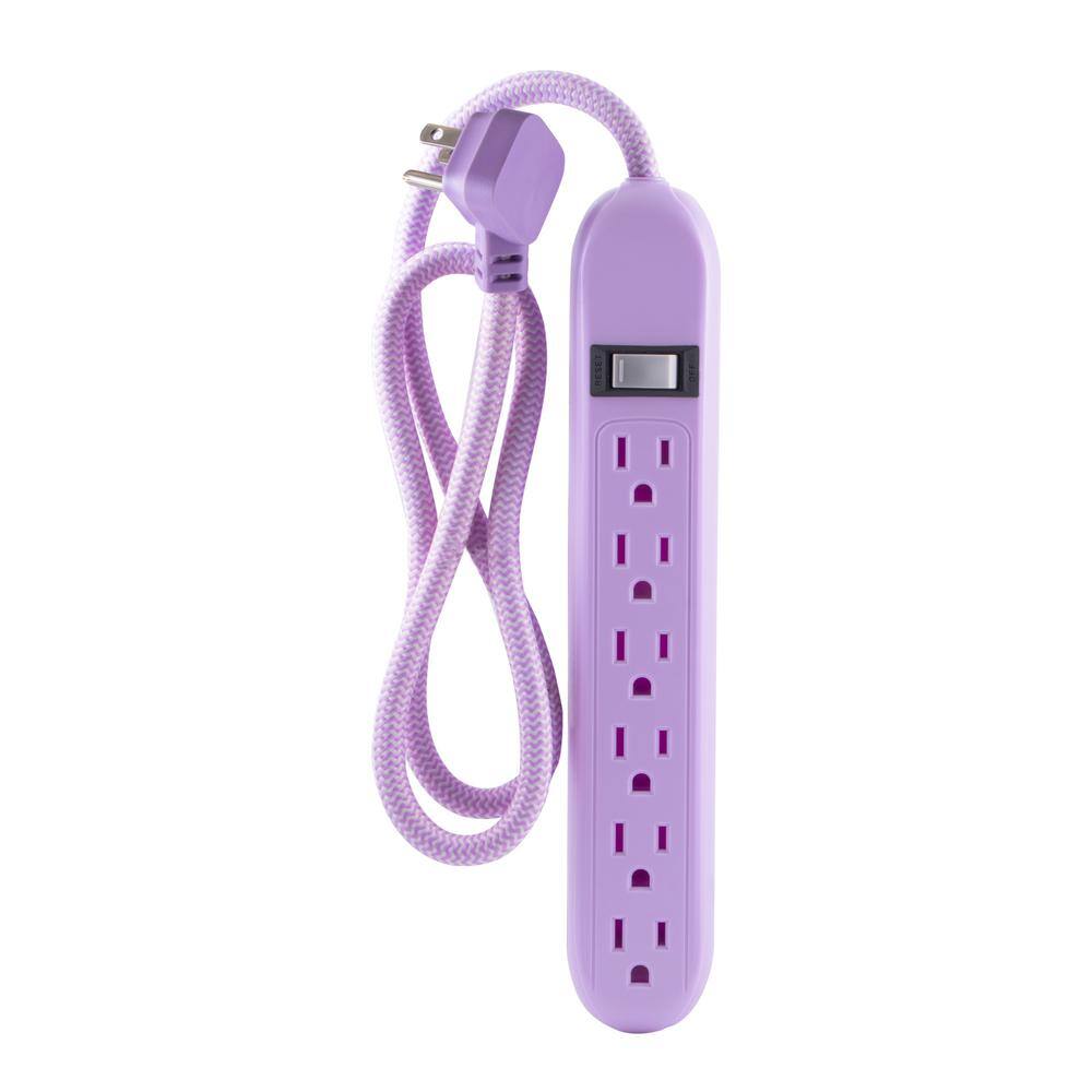 Cordinate 6-Outlet Surge Protector Power Strip Flat Plug Braided Cord Decorative 3 ft. Power Cord Purple 41639