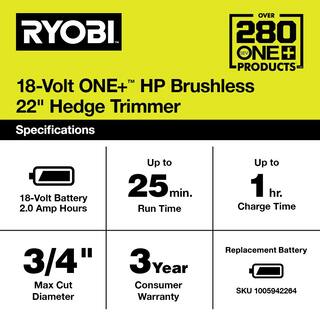 RYOBI ONE+ HP 18V Brushless 22 in. Cordless Battery Hedge Trimmer with 2.0 Ah Battery and Charger P2680