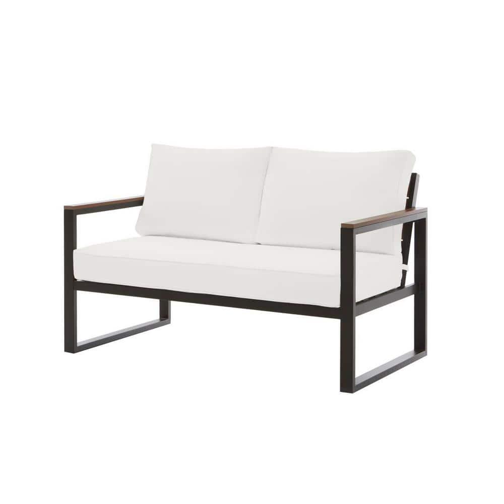 Hampton Bay West Park Black Aluminum Outdoor Patio Loveseat with CushionGuard White Cushions