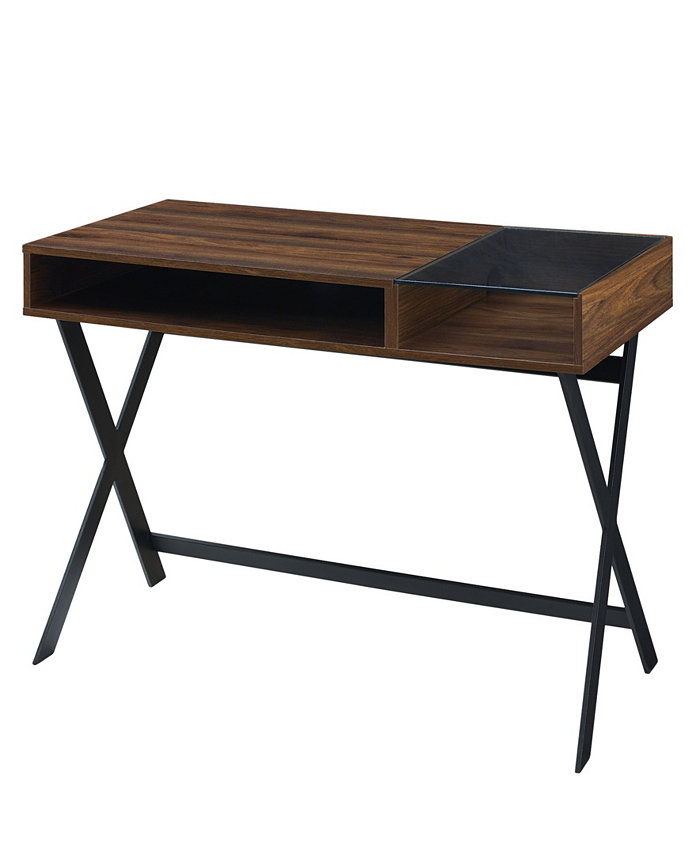 Walker Edison Contemporary Metal-X Leg Glass-Top Computer Desk with Cubby