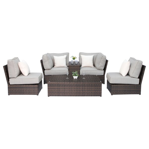 Lucca Cup Holder Table Brown Wicker 6piece Conversation Set by Living Source International