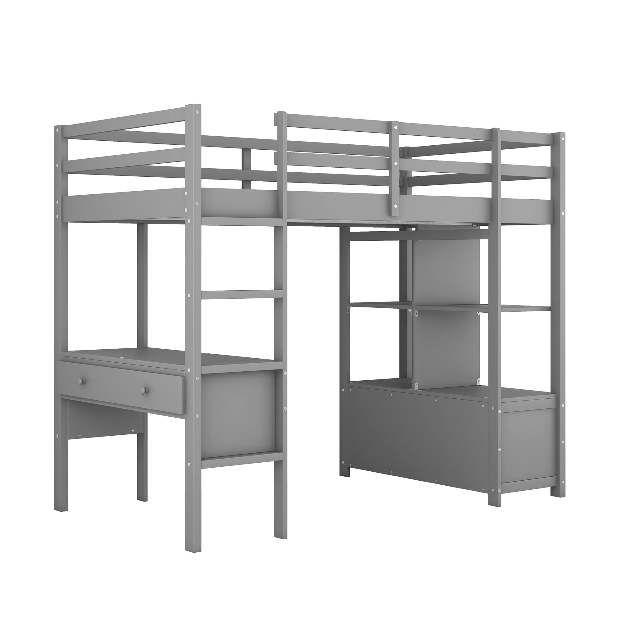 Twin Size Wood Loft Bed with Desk, Drawers and Shelf for Kids Room, Gray