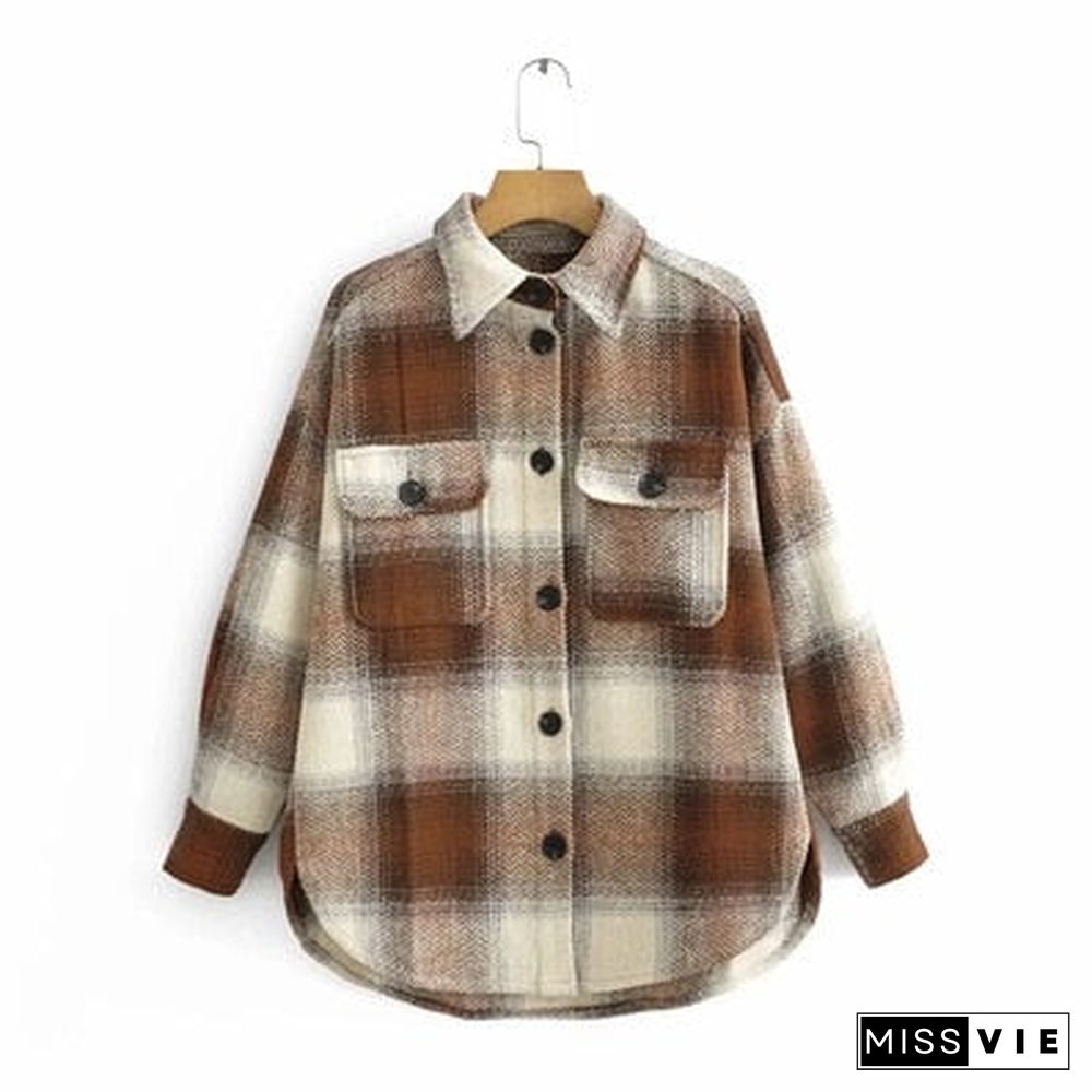 Autumn Winter Plaid Jacket Wool Blend Coat Fashion Button Long Sleeve Coat Casual Office Warm Overshirt Ladies Jackets Chic Tops