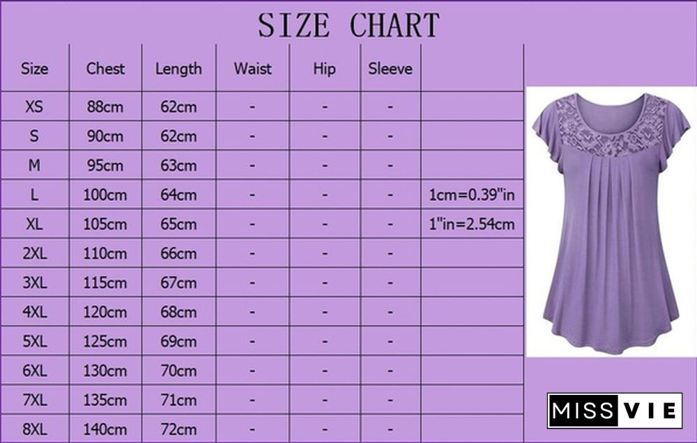 XS-8XL Plus Size Fashion Summer Clothes Womens Tops Loose Lace Stitching Pleated Blouses Ladies Casual Solid Color Short Sleeve Plus Size Cotton T-shirts