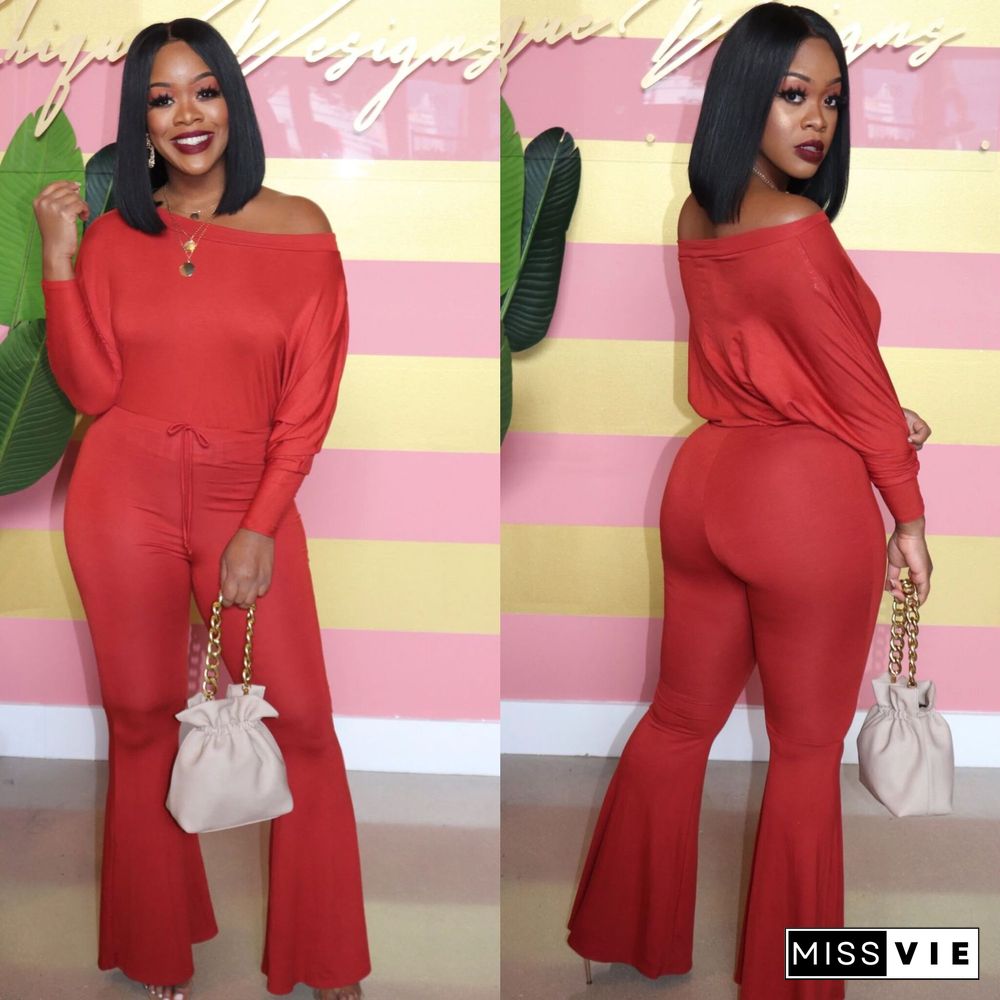 Sexy Off Shoulder Solid Color Long Flared Jumpsuit