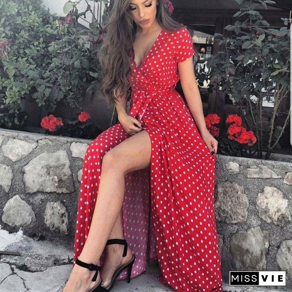 Back To School Outfit  Women Bohemian Dots Printed Party Dress Short Sleeve V Neck Casual Dress Ummer Fashion Split Women Long Dress