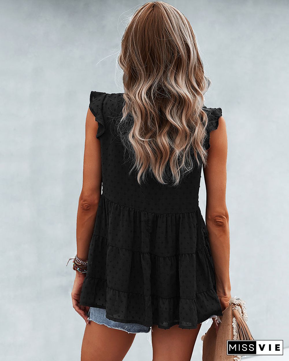 Ruffle Cap Sleeve V Neck Swiss Dot Tank Tops