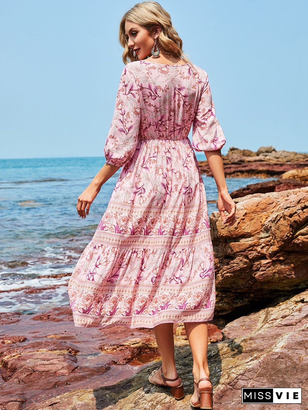 Button Up Elastic Waist Flowy V Neck Maxi Dress