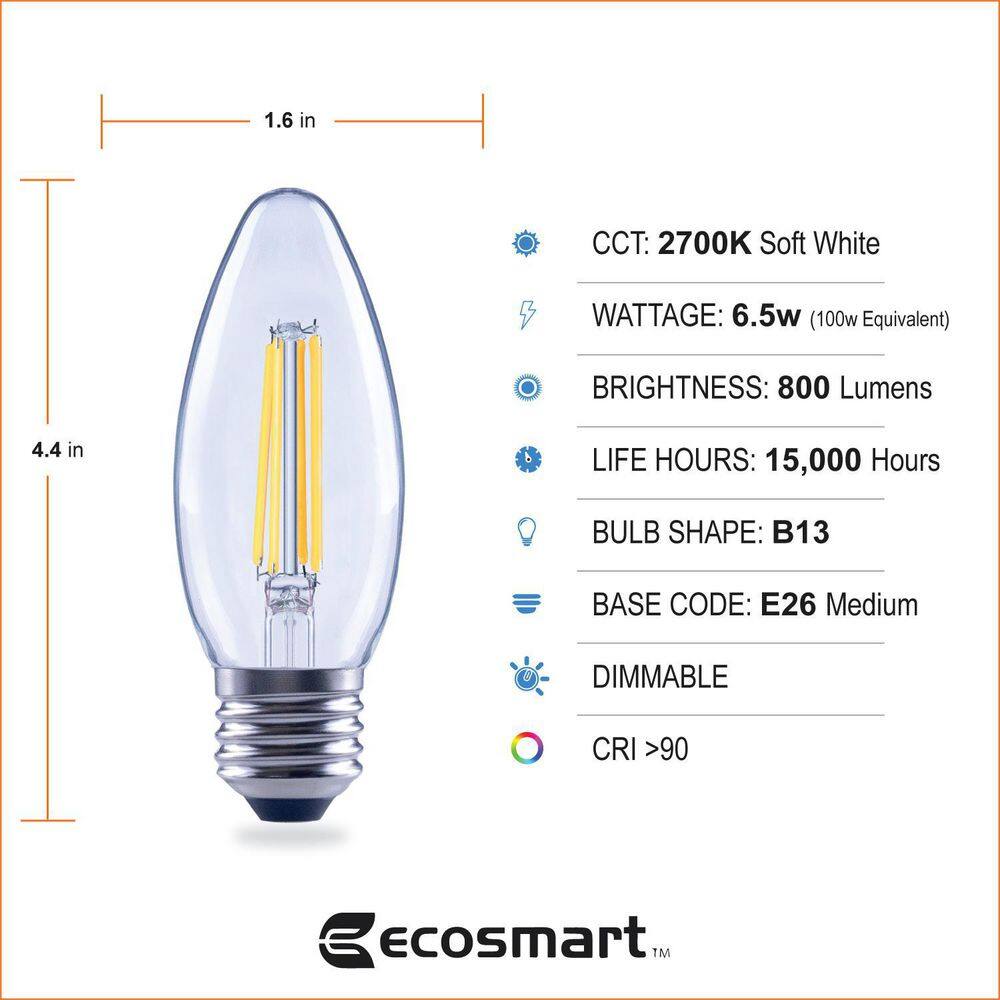 EcoSmart 100-Watt Equivalent B13 Blunt Tip Dimmable Candle E26 Base Clear Glass LED Vintage Edison Light Bulb Soft White (3-Pack) FG-04220