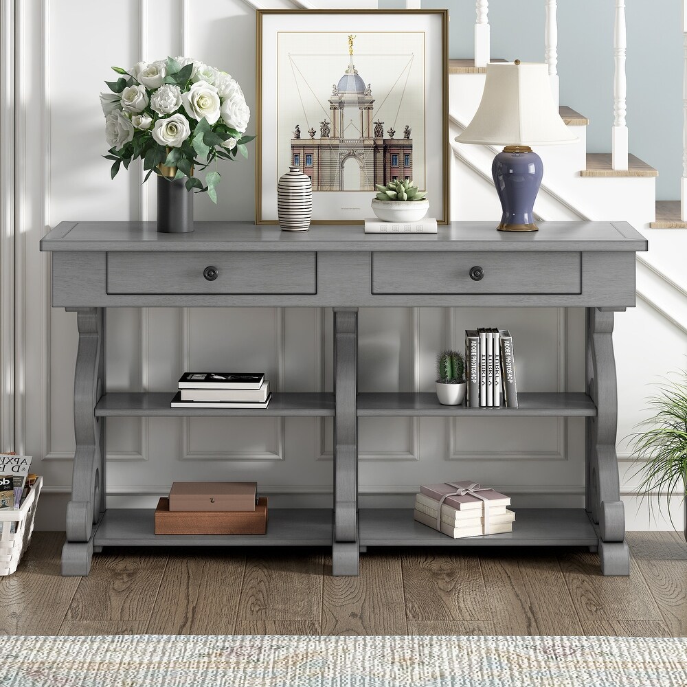 Storage Console Table with Open Shelves and Drawers for Entrance and Living Room