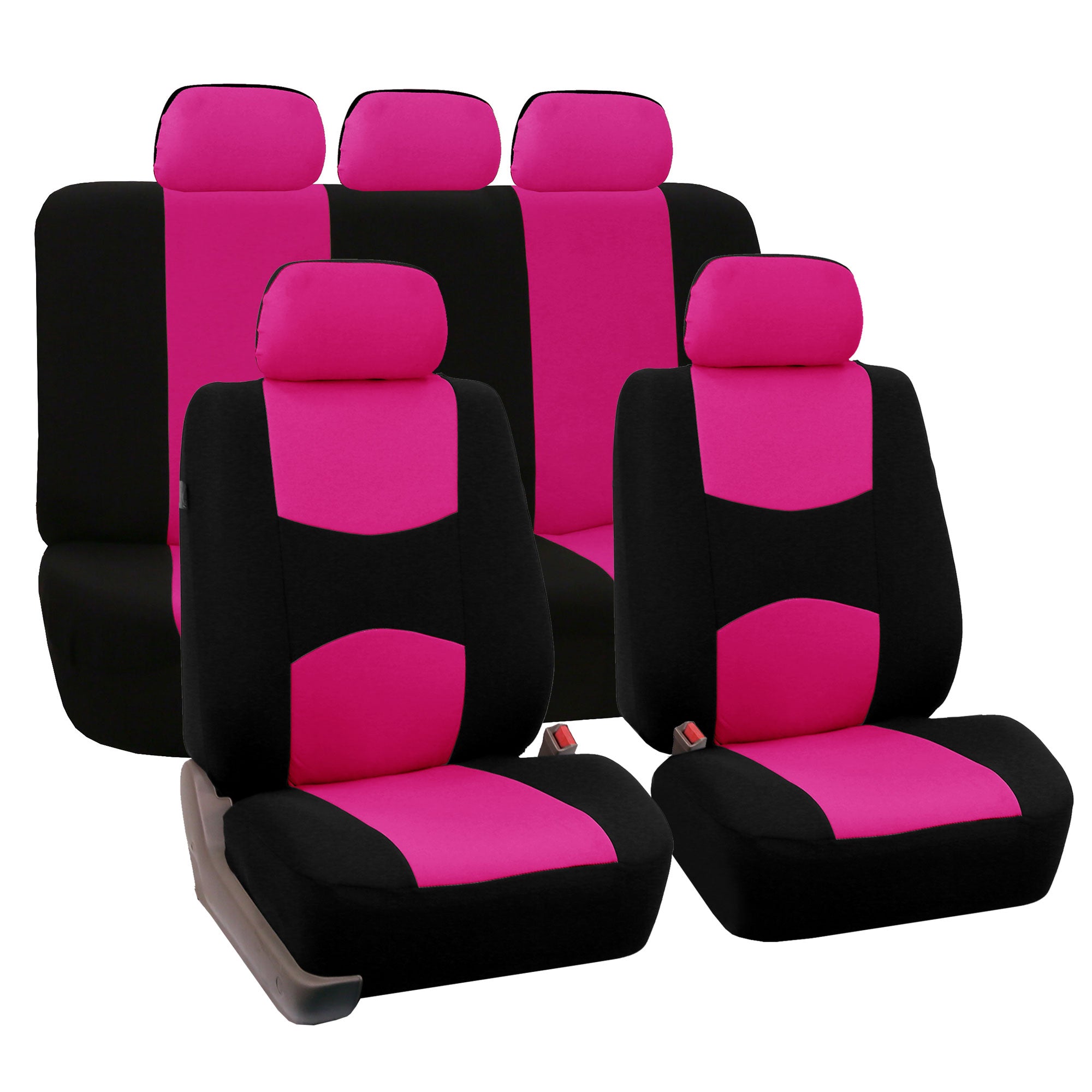 FH Group Universal Flat Cloth Fabric 5 Headrests Full Set Car Seat Cover， Pink and Black