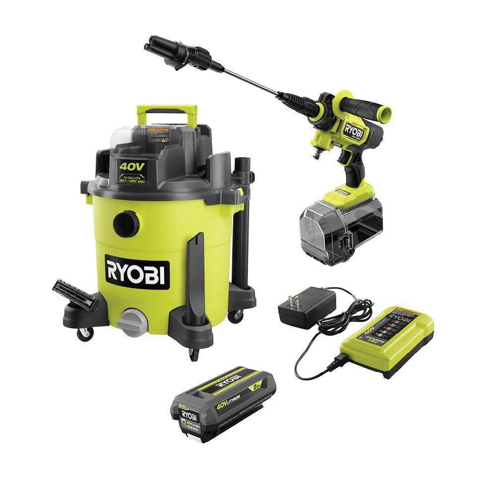 RYOBI 40V 10 Gal. Cordless WetDry Vacuum with 40V HP Brushless EZClean 600 PSI Power Cleaner 2.0 Ah Battery and Charger RY40WD01B-RY124052KVNM