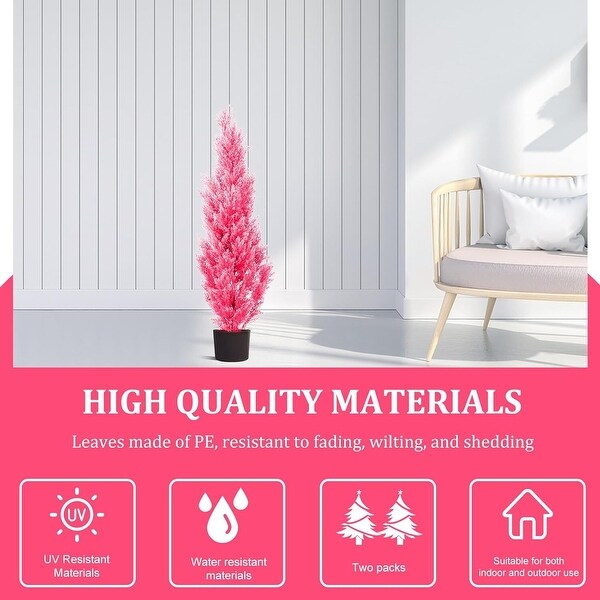 Set of 2，4Foot Pink Artificial Cedar Trees，UV Resistant Shrubs