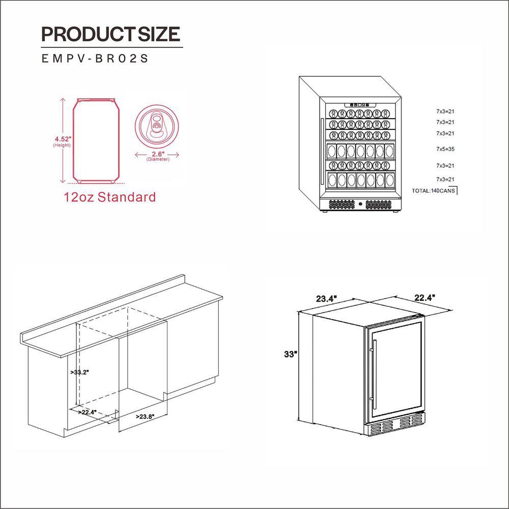 Empava 24 in. 5.2 cu. ft. Single Zone 140 of (12 oz.) Can Built-InFreestanding Beverage Cooler in Stainless Steel EMPV-BR02S