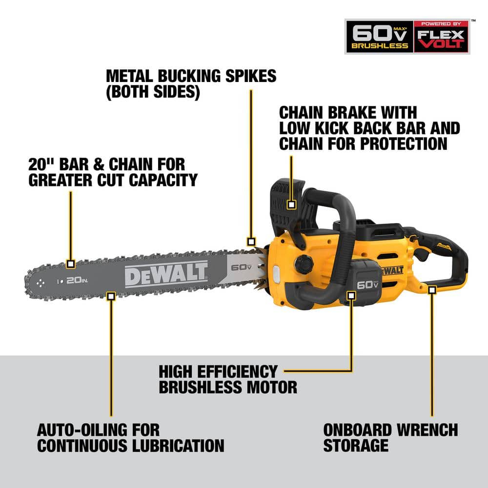 DEWALT 60V MAX 20in. Brushless Battery Powered Chainsaw Kit with (1) FLEXVOLT 4Ah Battery & Charger DCCS677Y1