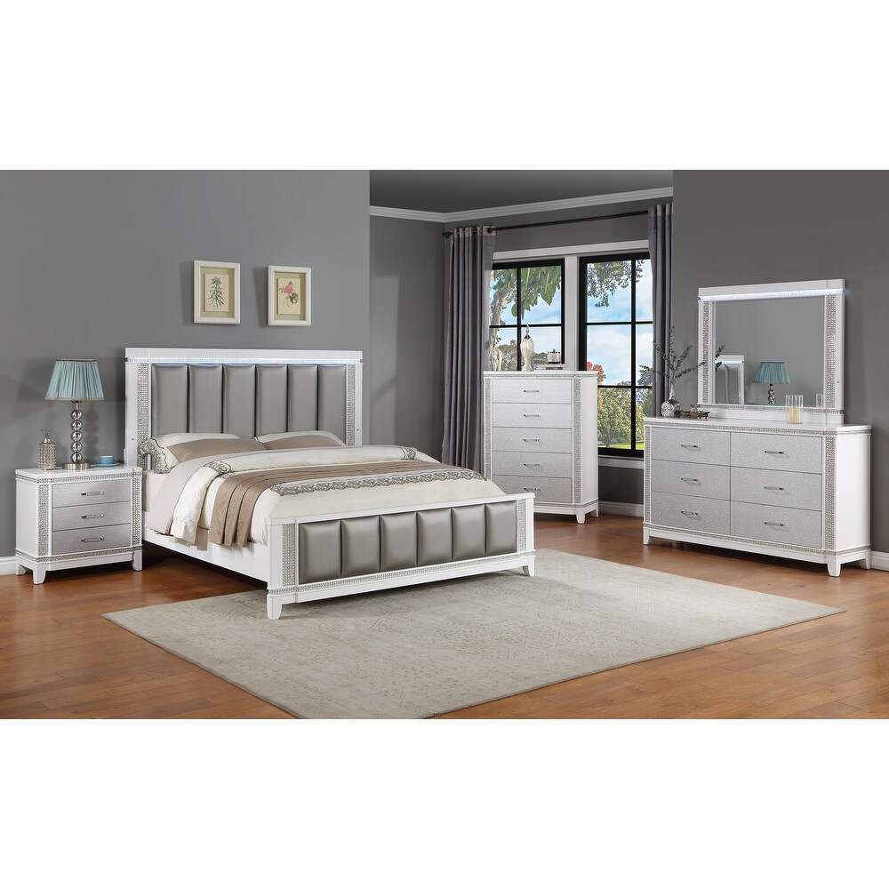 Mose 3 Piece Silver White Faux Leather Upholstered Panel Bedroom Set